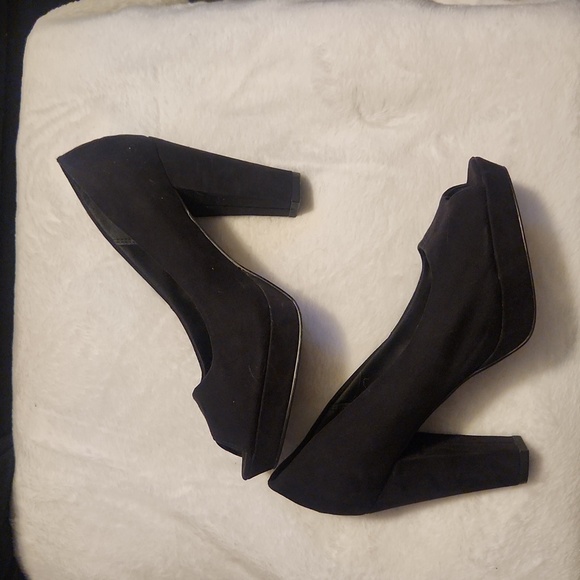 H&M block heels black suede 3 inch heel peep toe - Picture 2 of 5